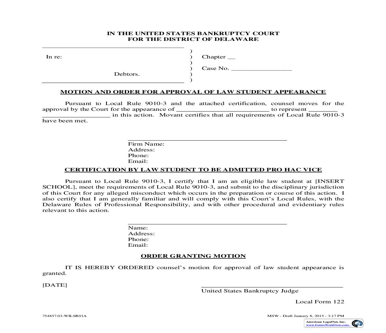 Motion And Order For Approval Of Law Student Appearance {122} | Pdf Fpdf Doc Docx | Delaware