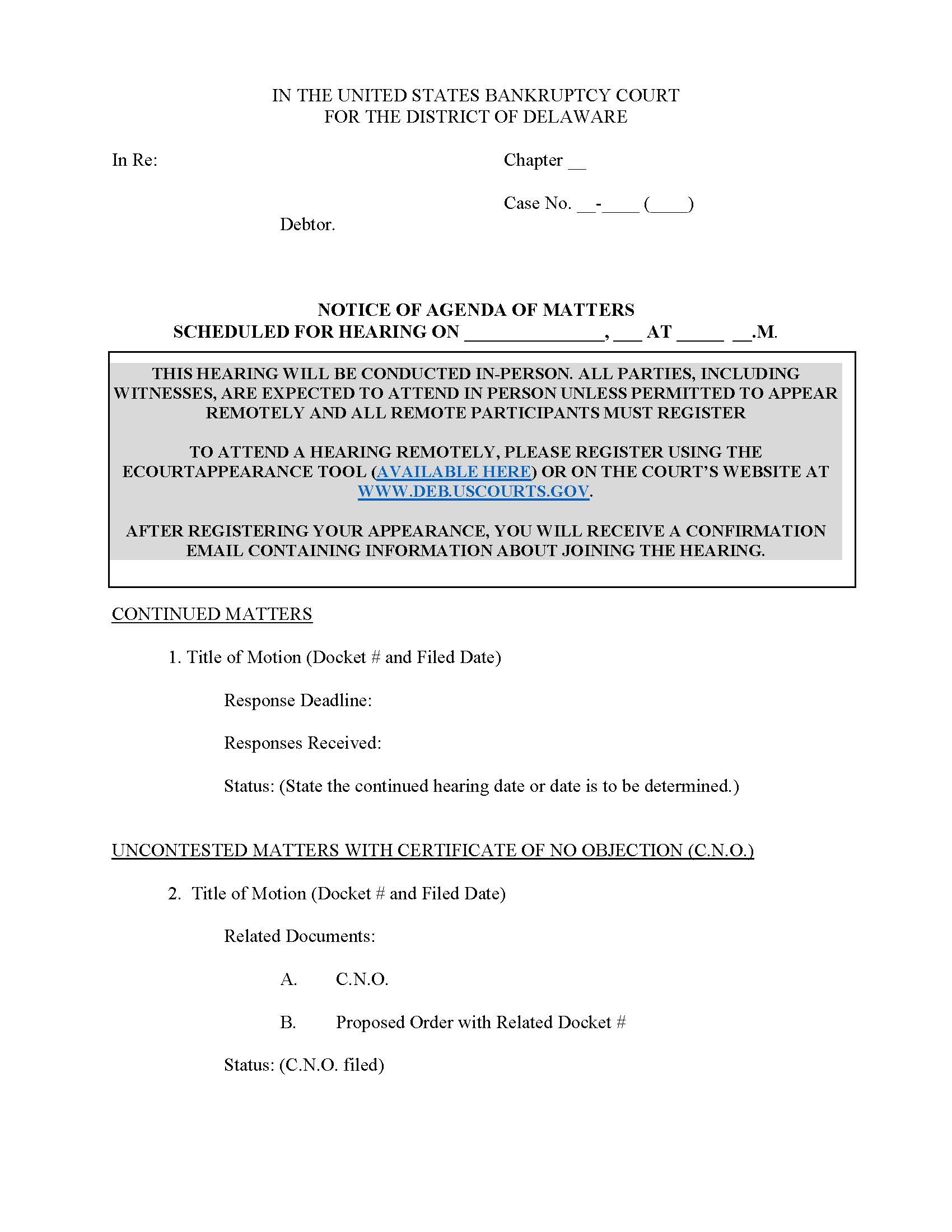Notice Of Agenda Of Matters Scheduled For Hearing {111} | Pdf Fpdf Doc Docx | Delaware