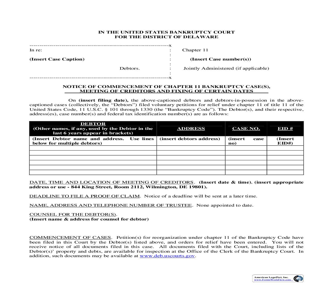 Notice Of Commencement Of Chapter 11 Bankruptcy Cases (341 Notice) | Pdf Fpdf Doc Docx | Delaware