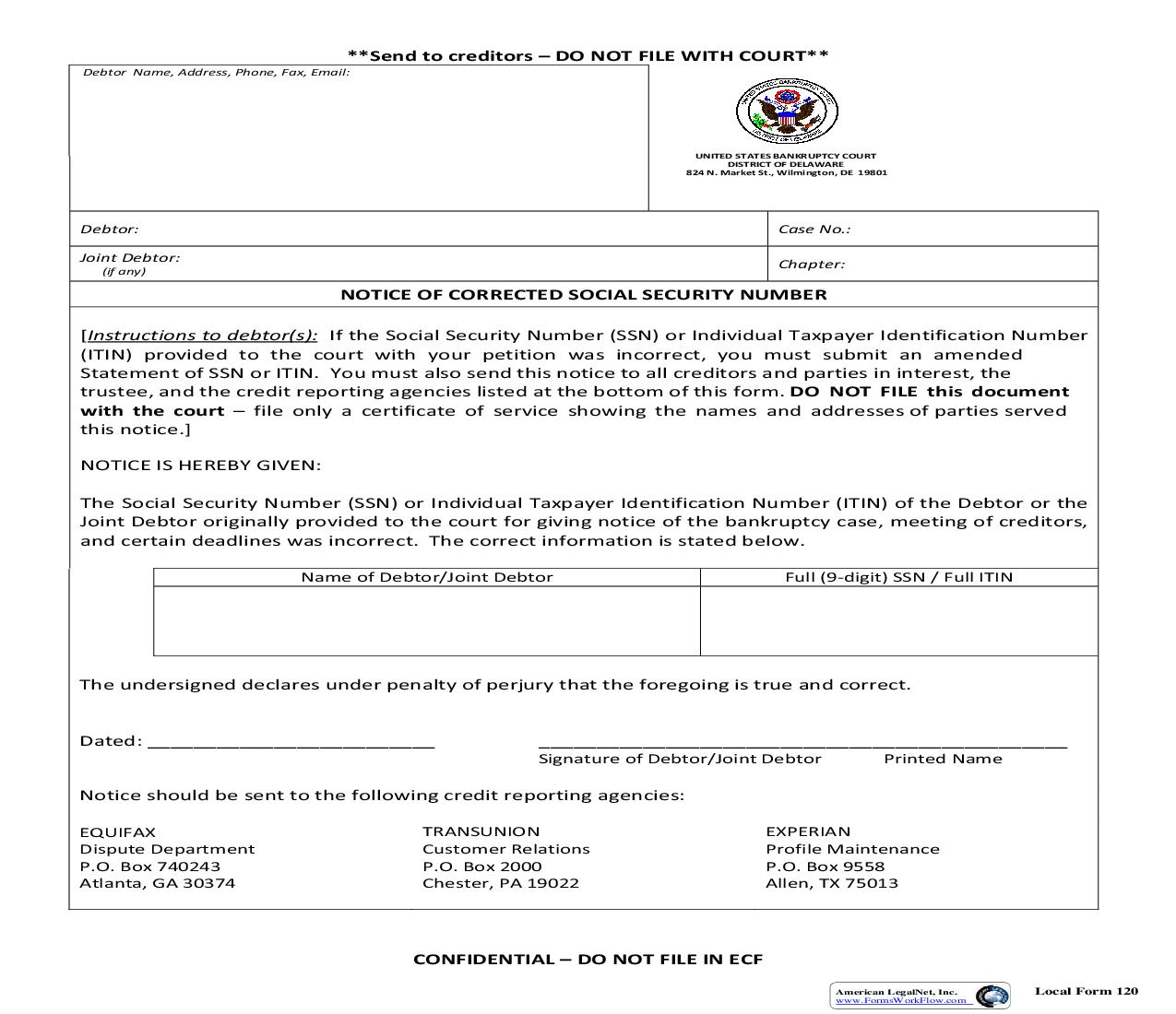 Notice Of Corrected Social Security Number {120} | Pdf Fpdf Doc Docx | Delaware