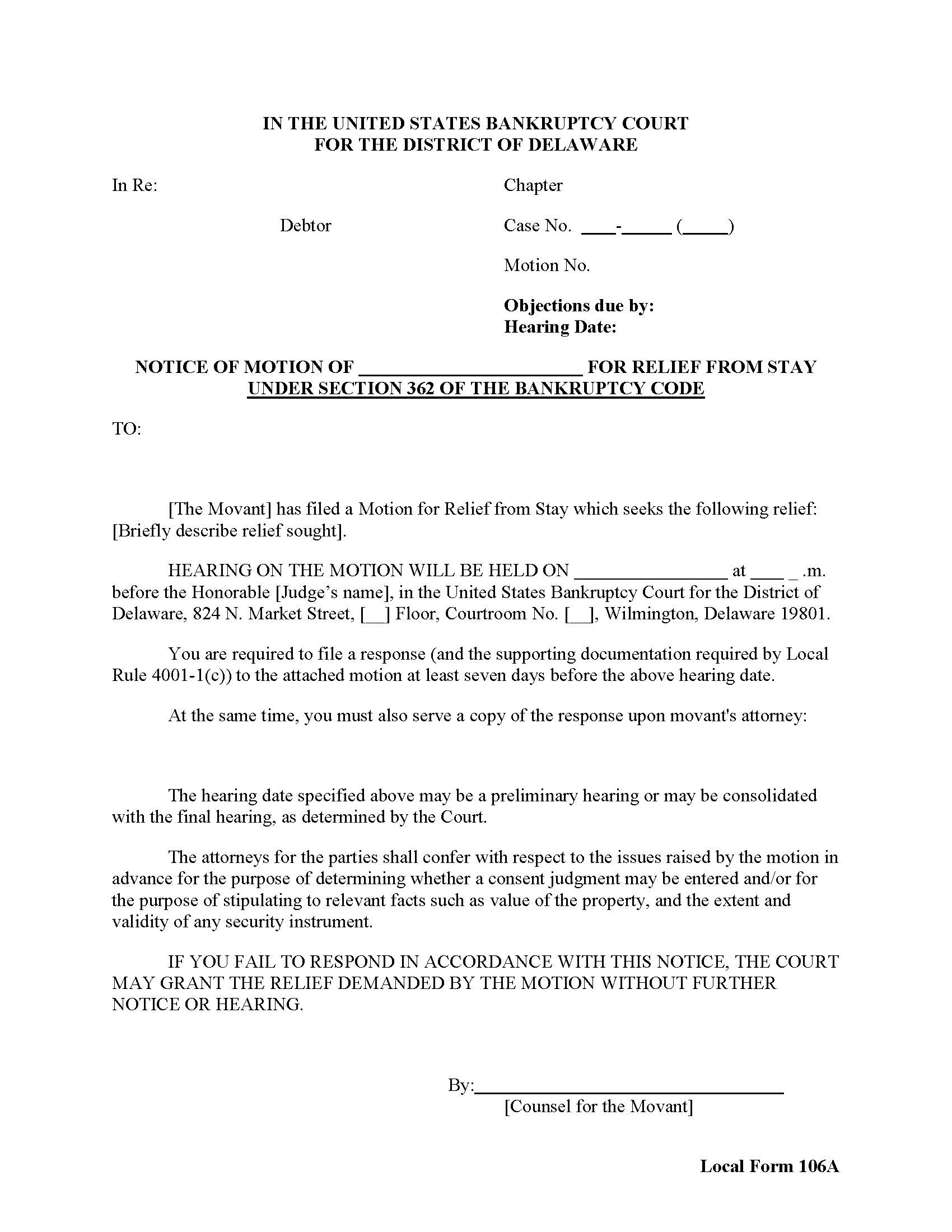Notice Of Motion For Relief From Stay {106A} | Pdf Fpdf Doc Docx | Delaware