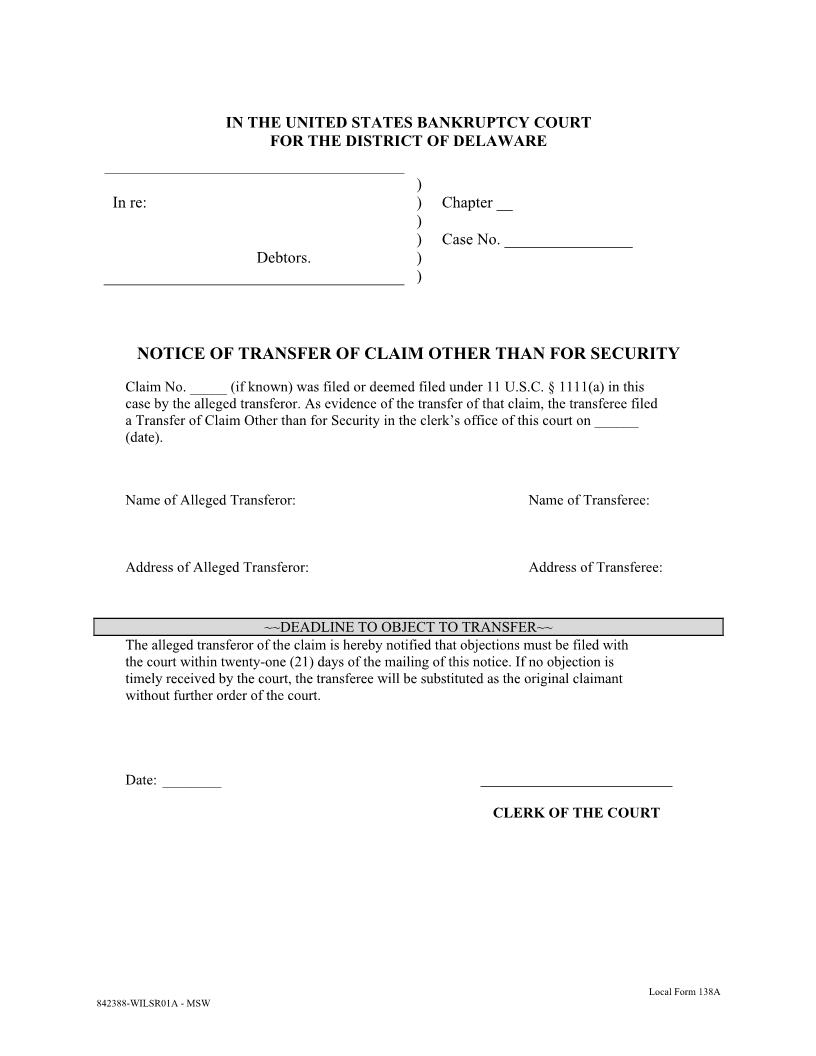 Notice Of Transfer Of Claim Other Than For Security {138A} | Pdf Fpdf Docx | Delaware