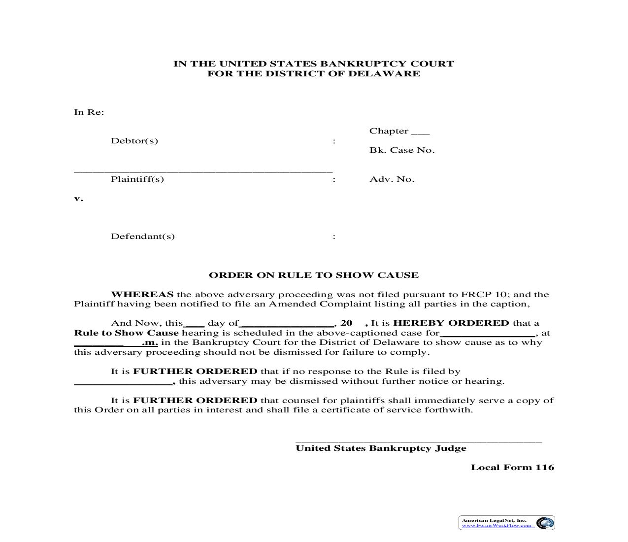 Order On Rule To Show Cause (Adversary Failure To File Amended Complaint) {116} | Pdf Fpdf Doc Docx | Delaware
