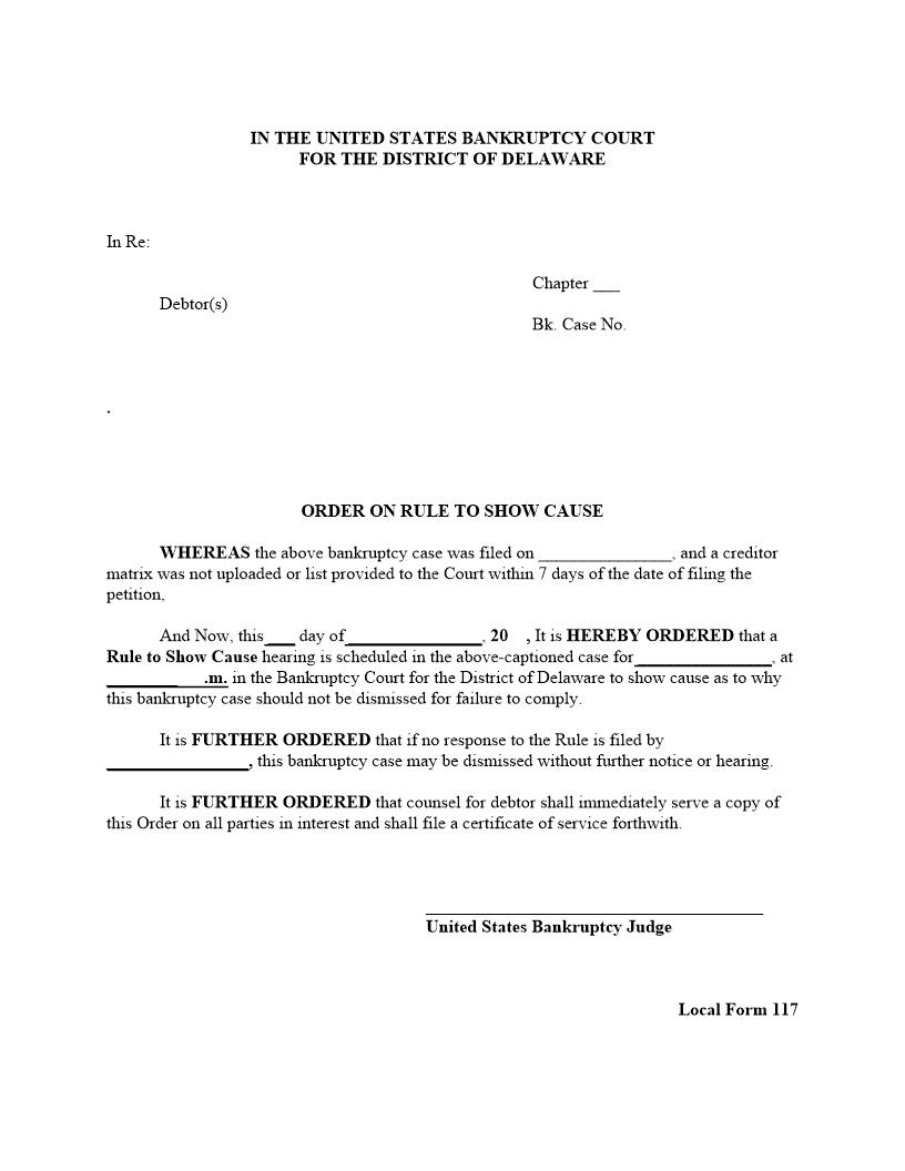 Order On Rule To Show Cause (Bankruptcy Failure To Upload Creditor Matrix) {117} | Pdf Fpdf Doc Docx | Delaware