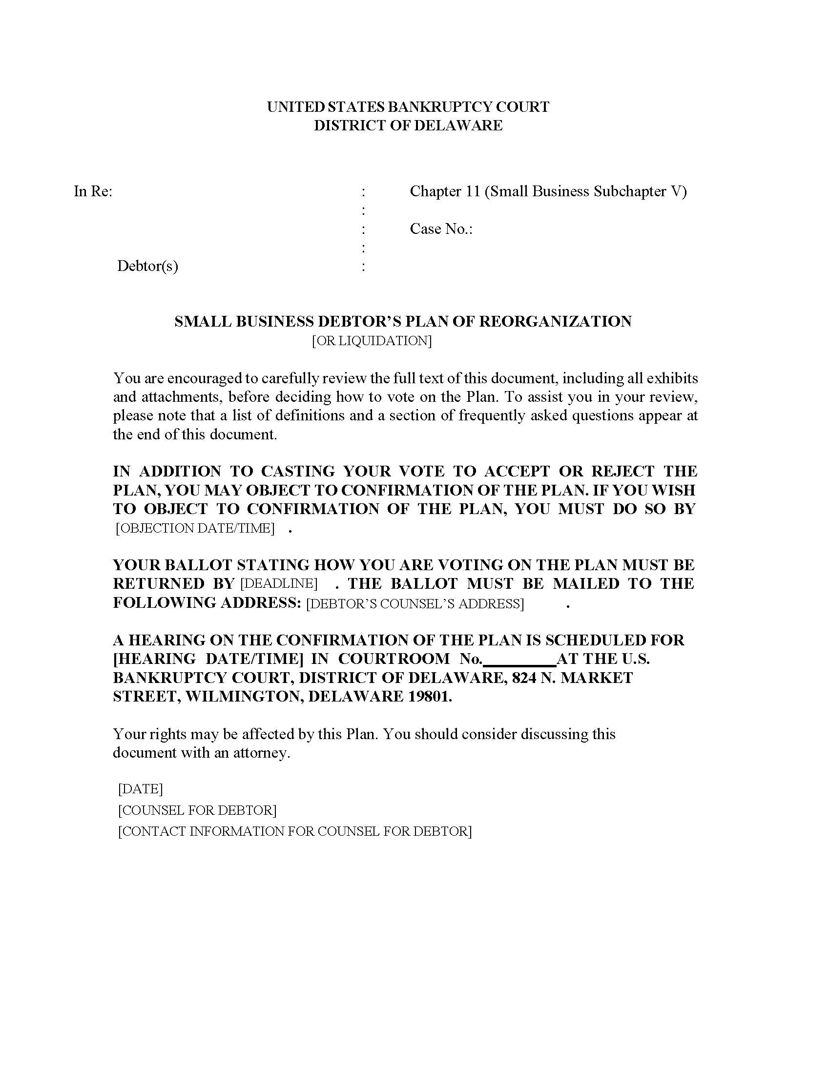 Subchapter V Small Business Debtors Plan Of Reorganization Or Liquidation {137} | Pdf Fpdf Docx | Delaware