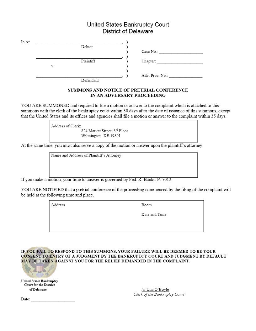 Summons And Notice Of Pretrial Conference In Adversary Proceeding {108} | Pdf Fpdf Doc Docx | Delaware
