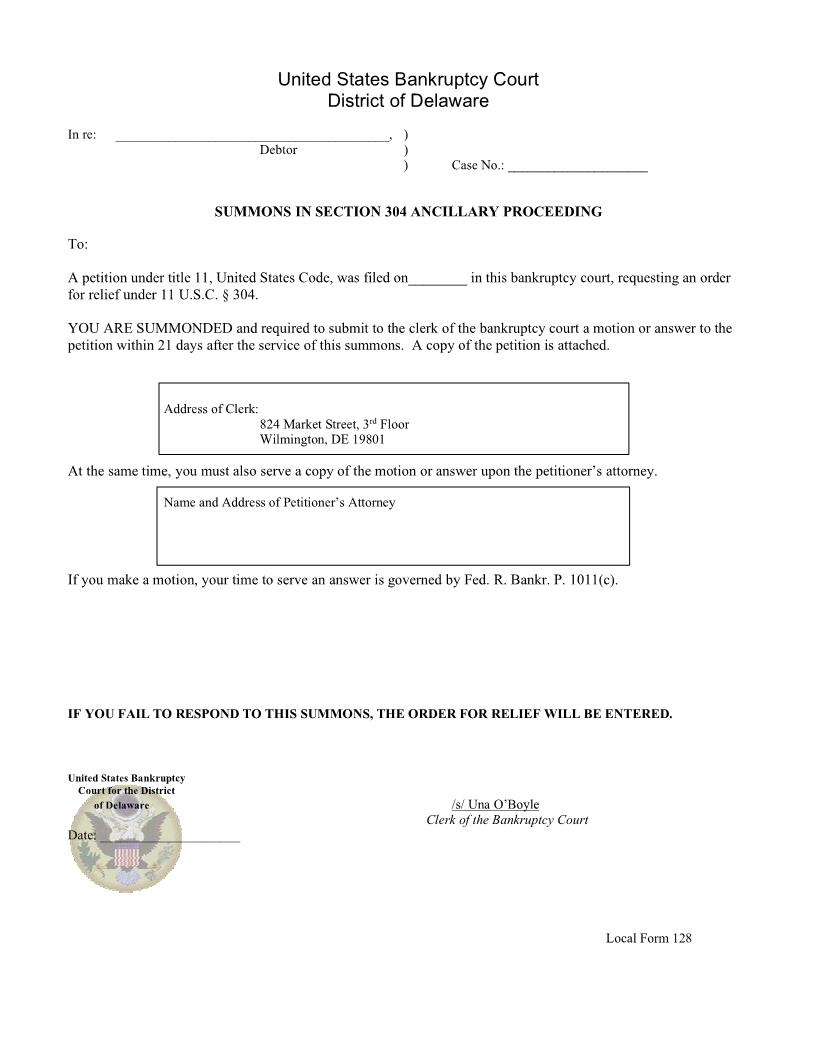 Summons In (Section 304) Ancillary Proceeding {128} | Pdf Fpdf Doc Docx | Delaware