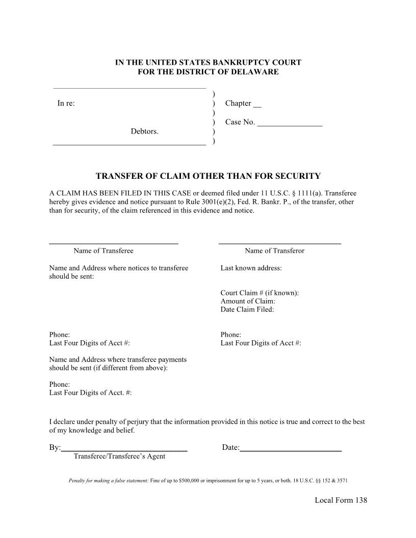 Transfer Of Claim Other Than For Security {138} | Pdf Fpdf Docx | Delaware