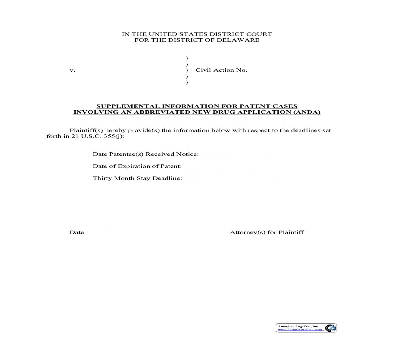 Abbreviated New Drug Application (ANDA) (Supplemental Information For Patent Cases) | Pdf Fpdf Doc Docx | Delaware