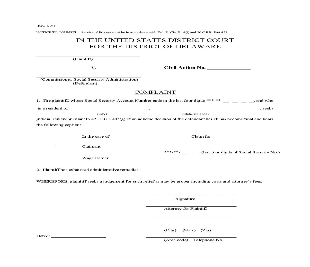 Complaint (Social Security) | Pdf Fpdf Doc Docx | Delaware