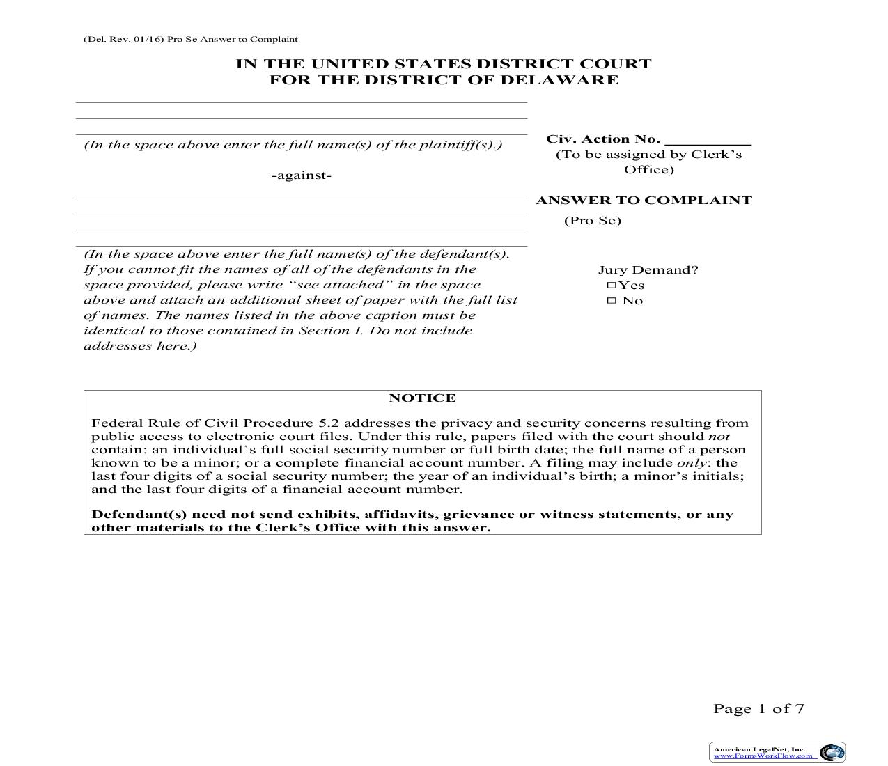 Defendants Answer To Complaint (Pro Se) | Pdf Fpdf Doc Docx | Delaware
