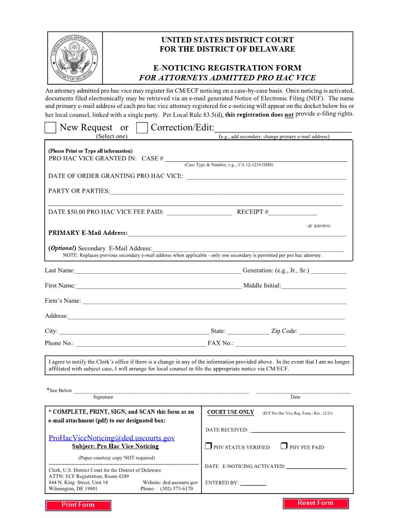 Electronic Noticing Registration Form | Pdf Fpdf Doc Docx | Delaware