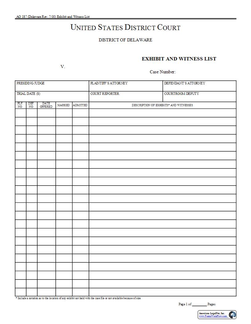 Exhibit And Witness List {AO 187(DE)} | Pdf Fpdf Docx | Delaware