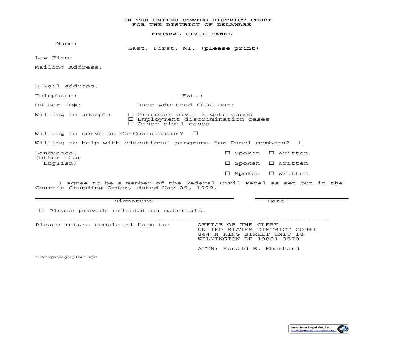 Federal Civil Panel (Application) | Pdf Fpdf Doc Docx | Delaware