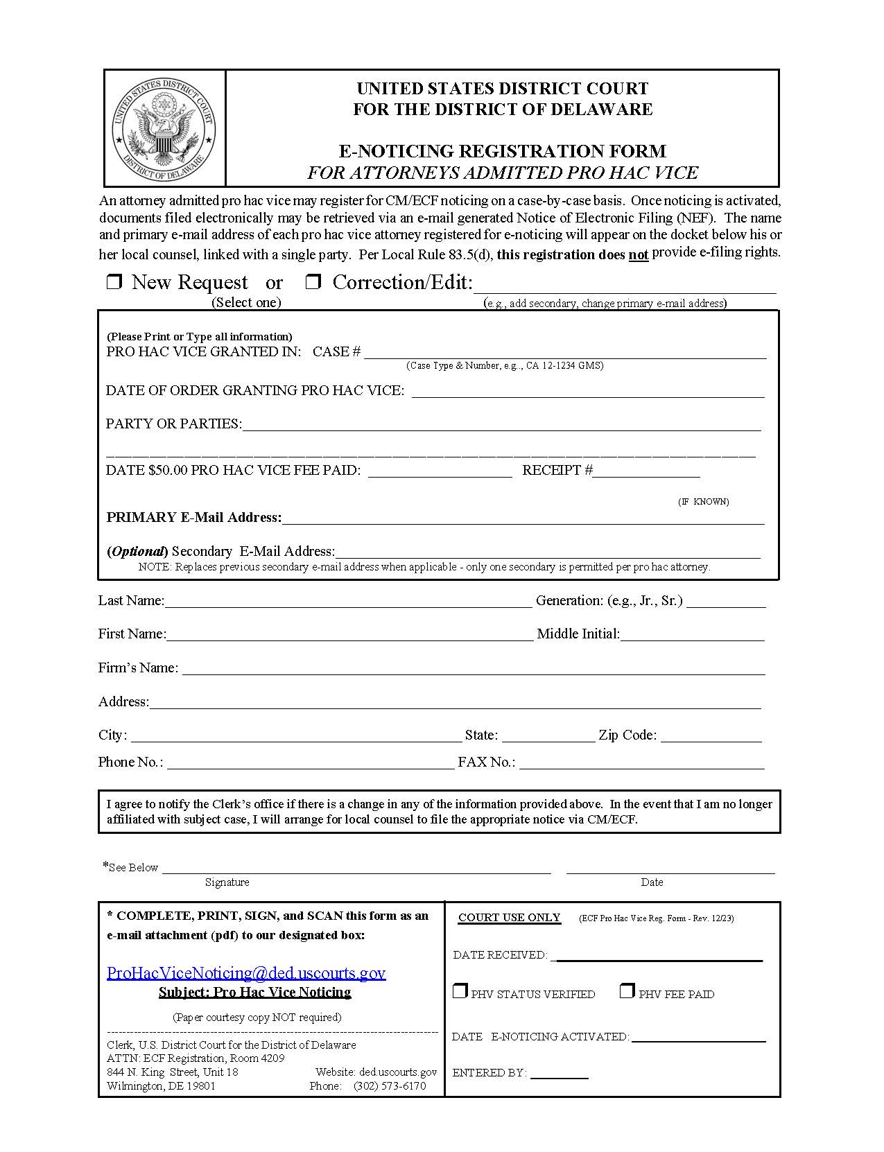 Pro Hac Vice ECF Noticing Registration Form | Pdf Fpdf Docx | Delaware
