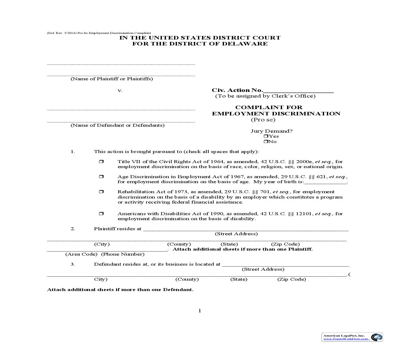 Pro Se Employment Discrimination Complaint | Pdf Fpdf Doc Docx | Delaware