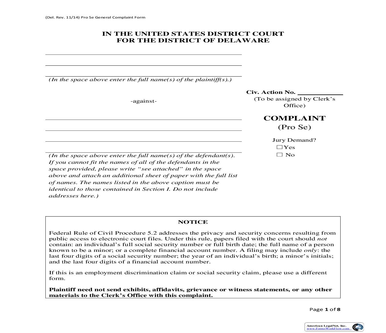 Pro Se General Complaint Form | Pdf Fpdf Doc Docx | Delaware