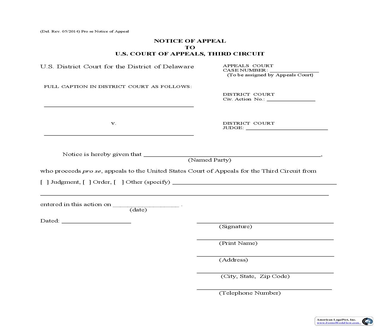 Pro Se Notice Of Appeal | Pdf Fpdf Doc Docx | Delaware