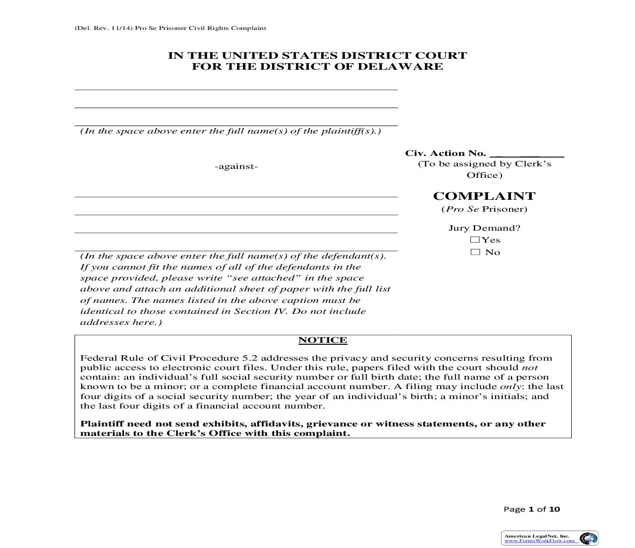 Pro Se Prisoner Civil Rights Complaint | Pdf Fpdf Doc Docx | Delaware