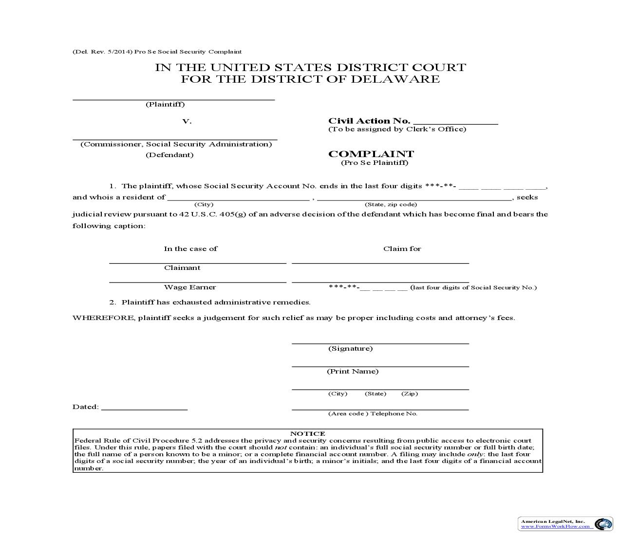 Pro Se Social Security Complaint | Pdf Fpdf Doc Docx | Delaware