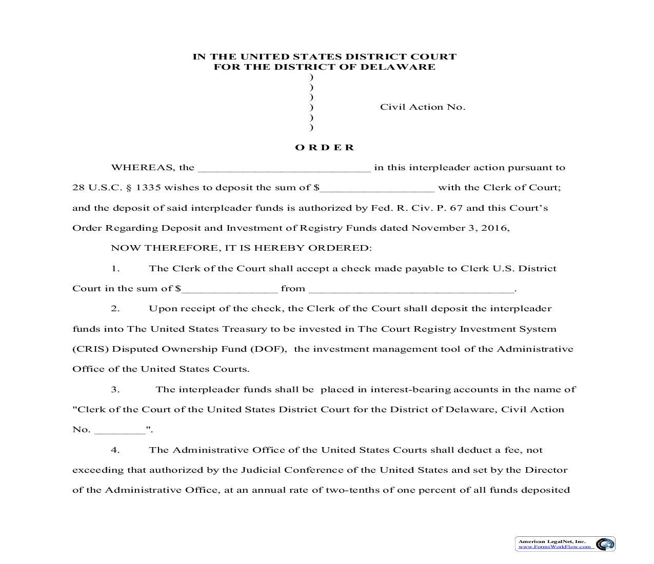 Proposed Order Re Interpleader Deposits | Pdf Fpdf Doc Docx | Delaware