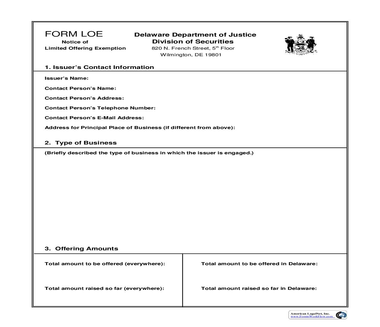 Form LOE Notice Of Limited Offering Exemption {LOE} | Pdf Fpdf Doc Docx | Delaware