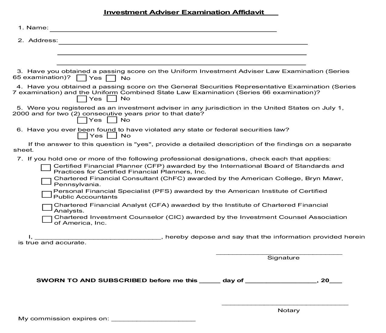 Investment Adviser Examination Affidavit | Pdf Fpdf Doc Docx | Delaware