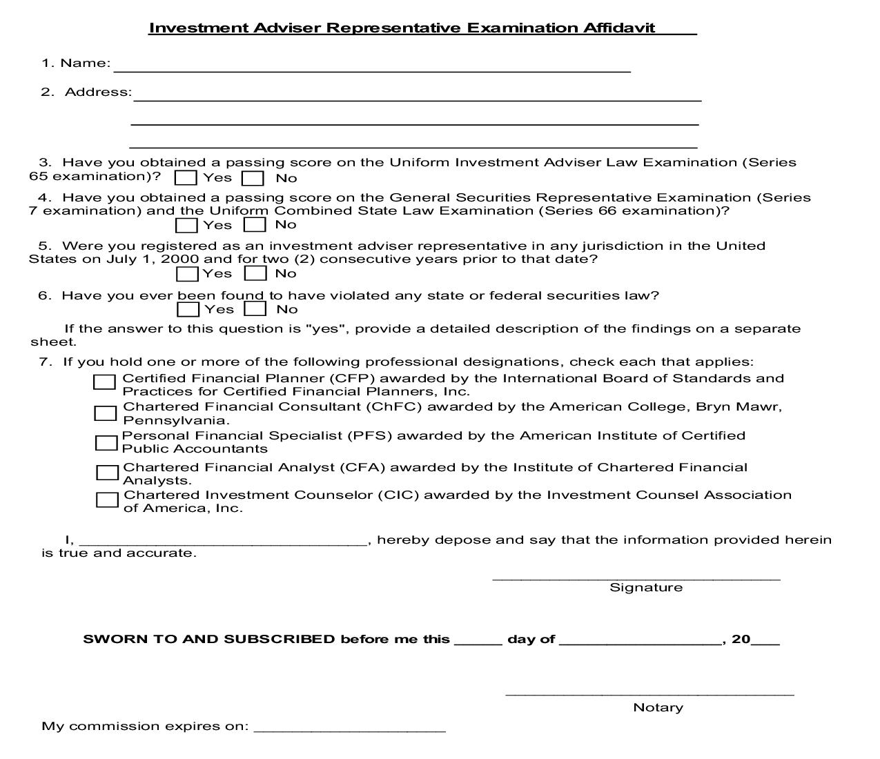 Investment Adviser Representative Examination Affidavit | Pdf Fpdf Doc Docx | Delaware