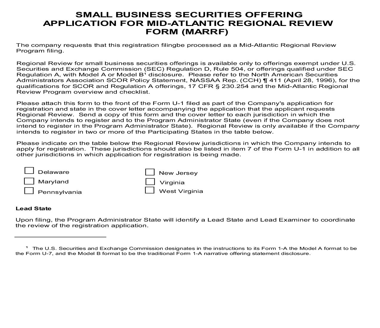 Small Business Securities Offering Application For Mid Atlantic Regional Review {MARRF} | Pdf Fpdf Doc Docx | Delaware