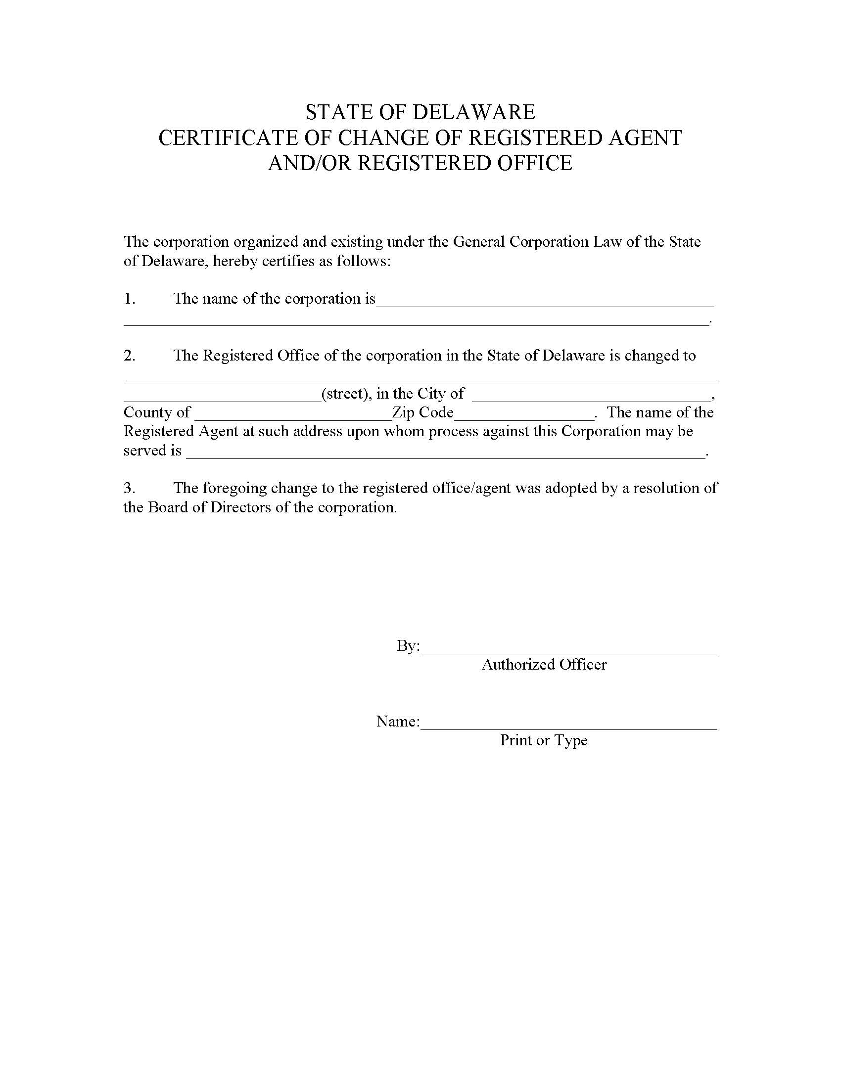 Corporation (Certificate Of Change Of Registered Agent And Or Registered Office) | Pdf Fpdf Doc Docx | Delaware