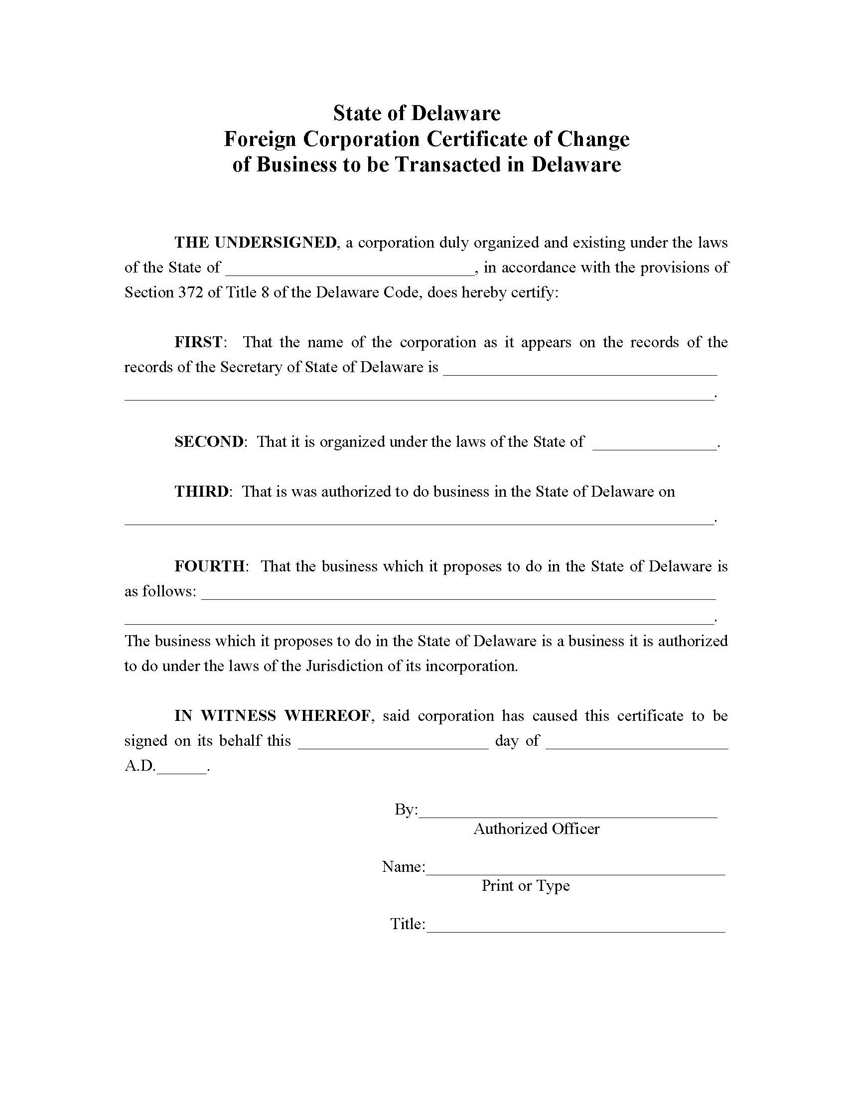 Foreign Corporation (Certificate Of Change Of Business To Be Transacted In Delaware) | Pdf Fpdf Doc Docx | Delaware