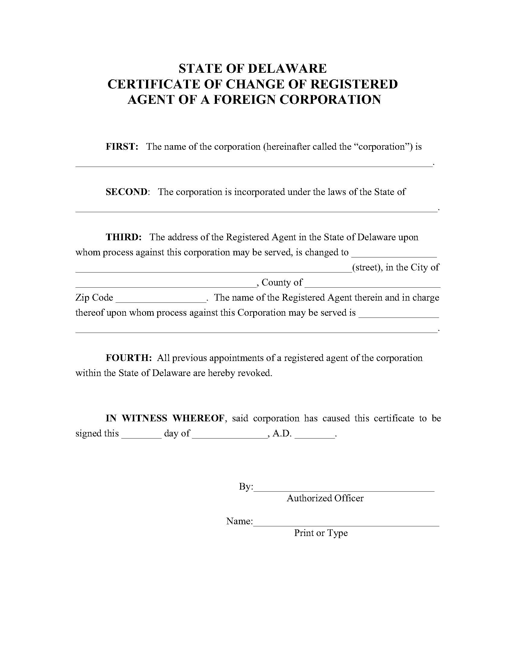 Foreign Corporation (Certificate Of Change Of Registered Agent) | Pdf Fpdf Docx | Delaware