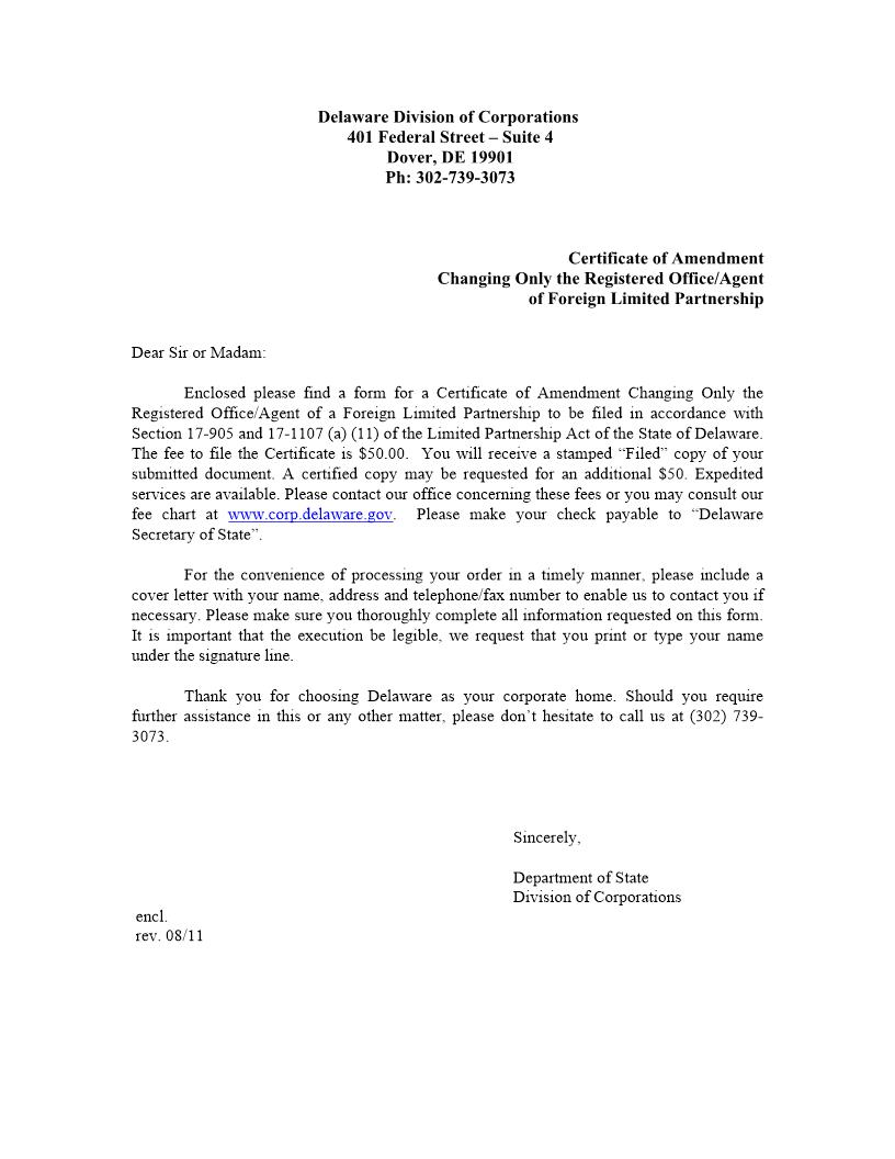 Foreign Limited Partnership (Certificate Of Amendment Changing Only The Registered Office-Agent) | Pdf Fpdf Docx | Delaware