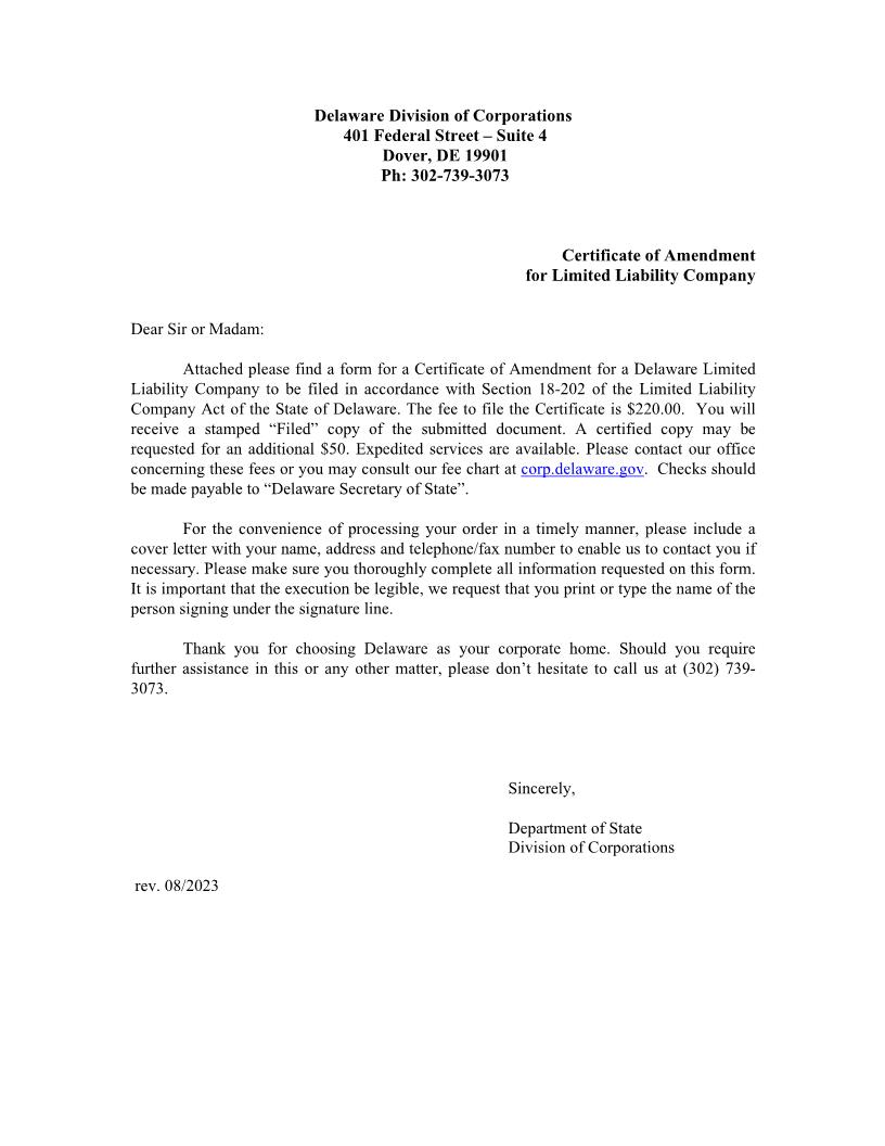 Limited Liability Company (Certificate Of Amendment) | Pdf Fpdf Doc Docx | Delaware
