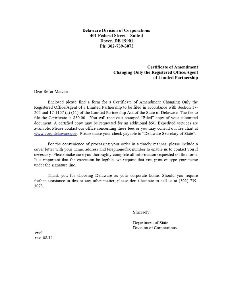 Limited Partnership (Certificate Of Amendment Changing Only The Registred Office Or Registered Agent) | Pdf Fpdf Docx | Delaware