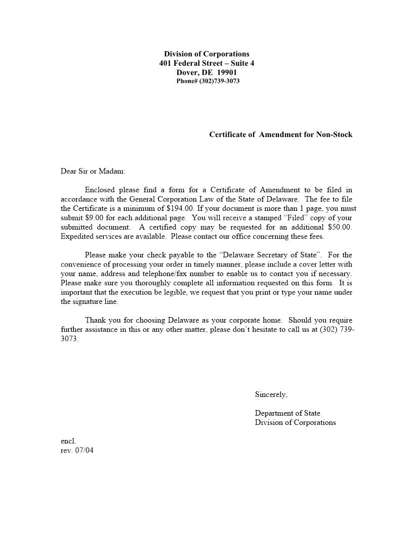 Non-Stock Corporation (Certificate Of Amendment A Corporation Without Capital Stock) | Pdf Fpdf Docx | Delaware