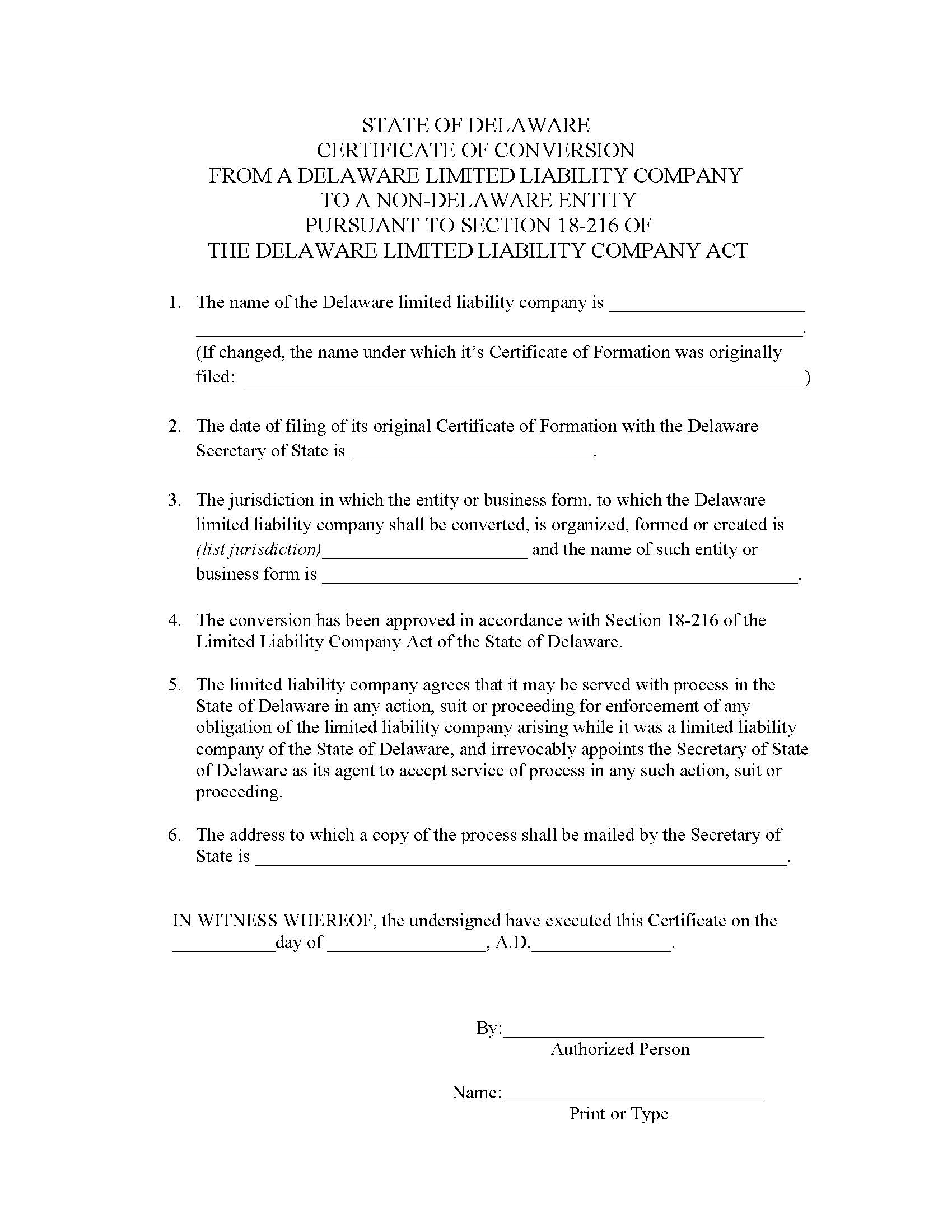 Certificate Of Conversion (DE LLC To Non-DE Entity) | Pdf Fpdf Doc Docx | Delaware