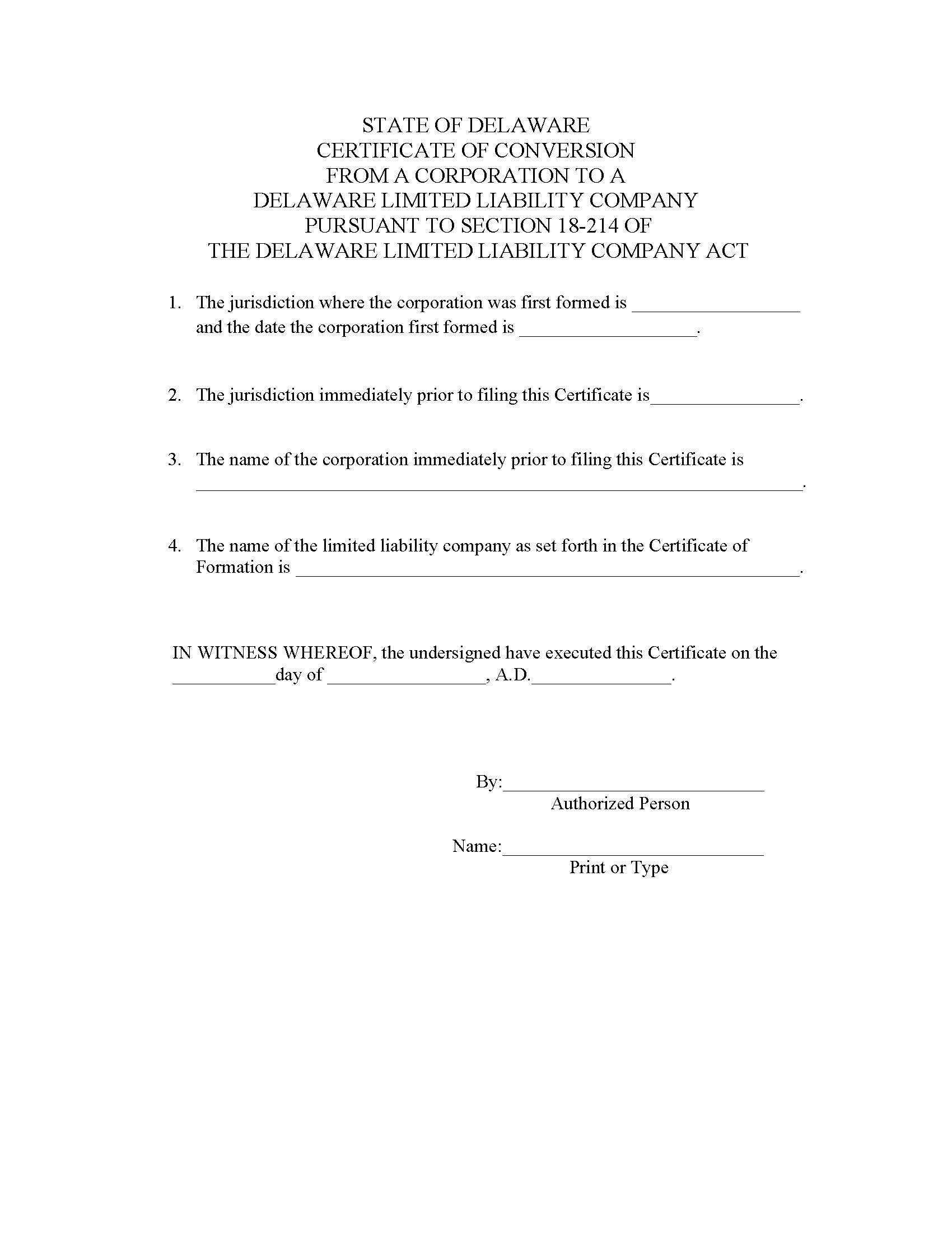 Certificate Of Conversion (DE Or Non-DE Corp To DE LLC) | Pdf Fpdf Doc Docx | Delaware