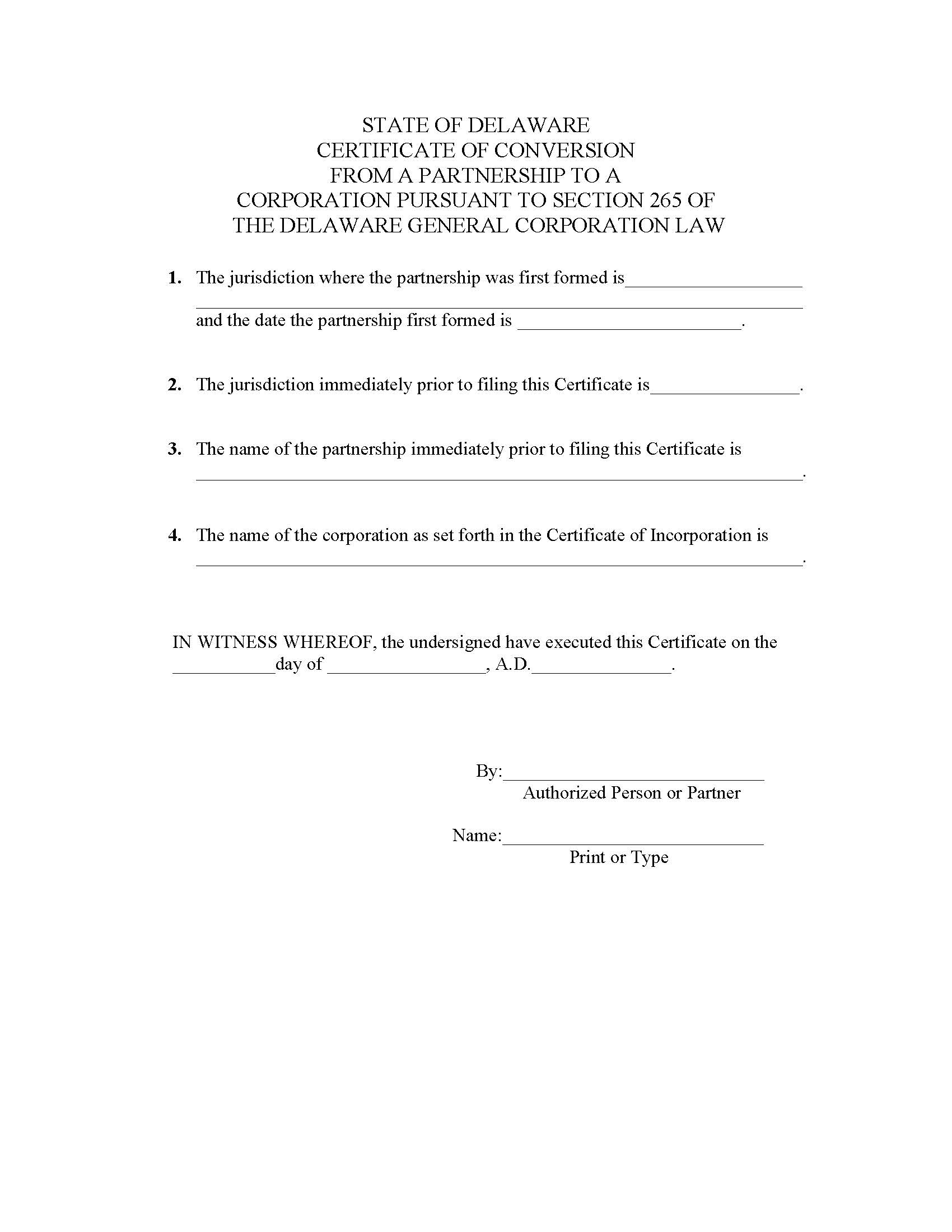 Certificate Of Conversion (DE Or Non-DE GP To DE Corp) | Pdf Fpdf Doc Docx | Delaware