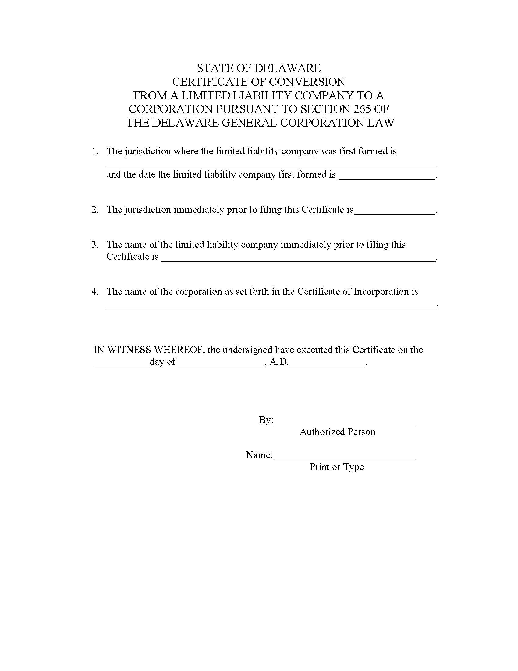 Certificate Of Conversion (DE Or Non-DE LLC To DE Corp) | Pdf Fpdf Doc Docx | Delaware
