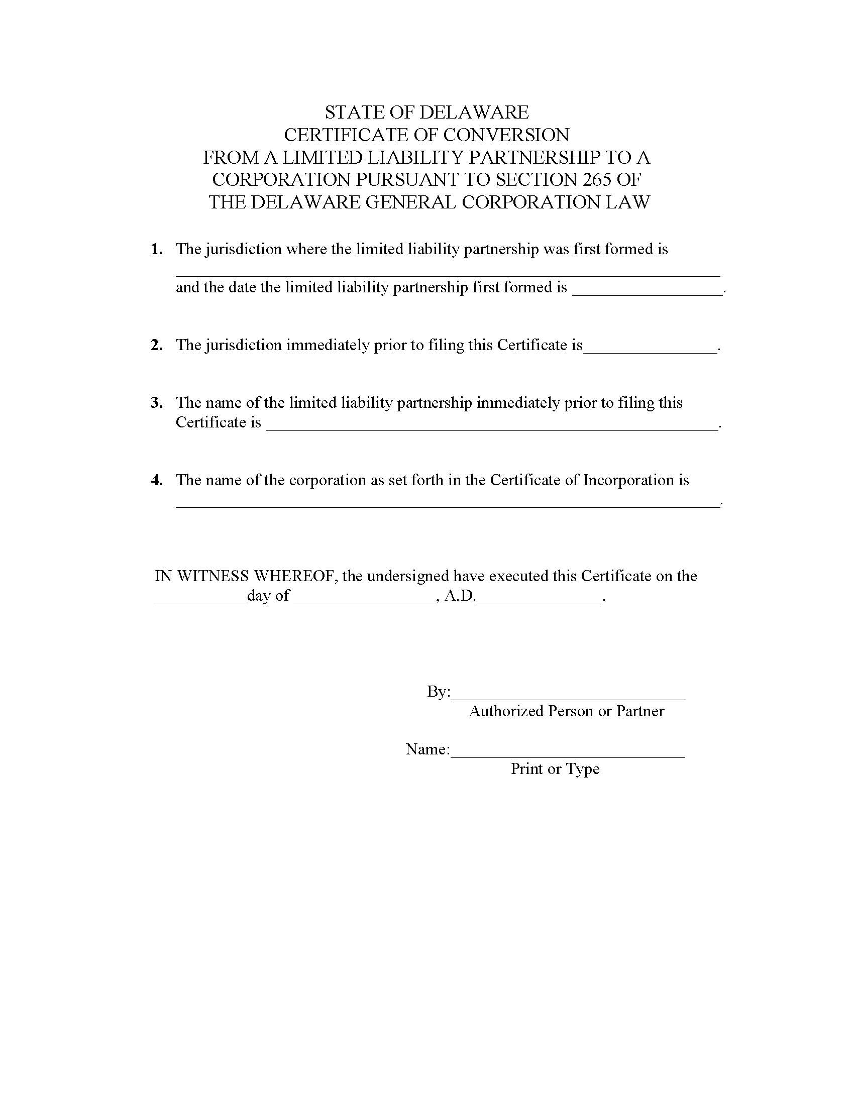 Certificate Of Conversion (DE Or Non-DE LLP To DE Corp) | Pdf Fpdf Doc Docx | Delaware