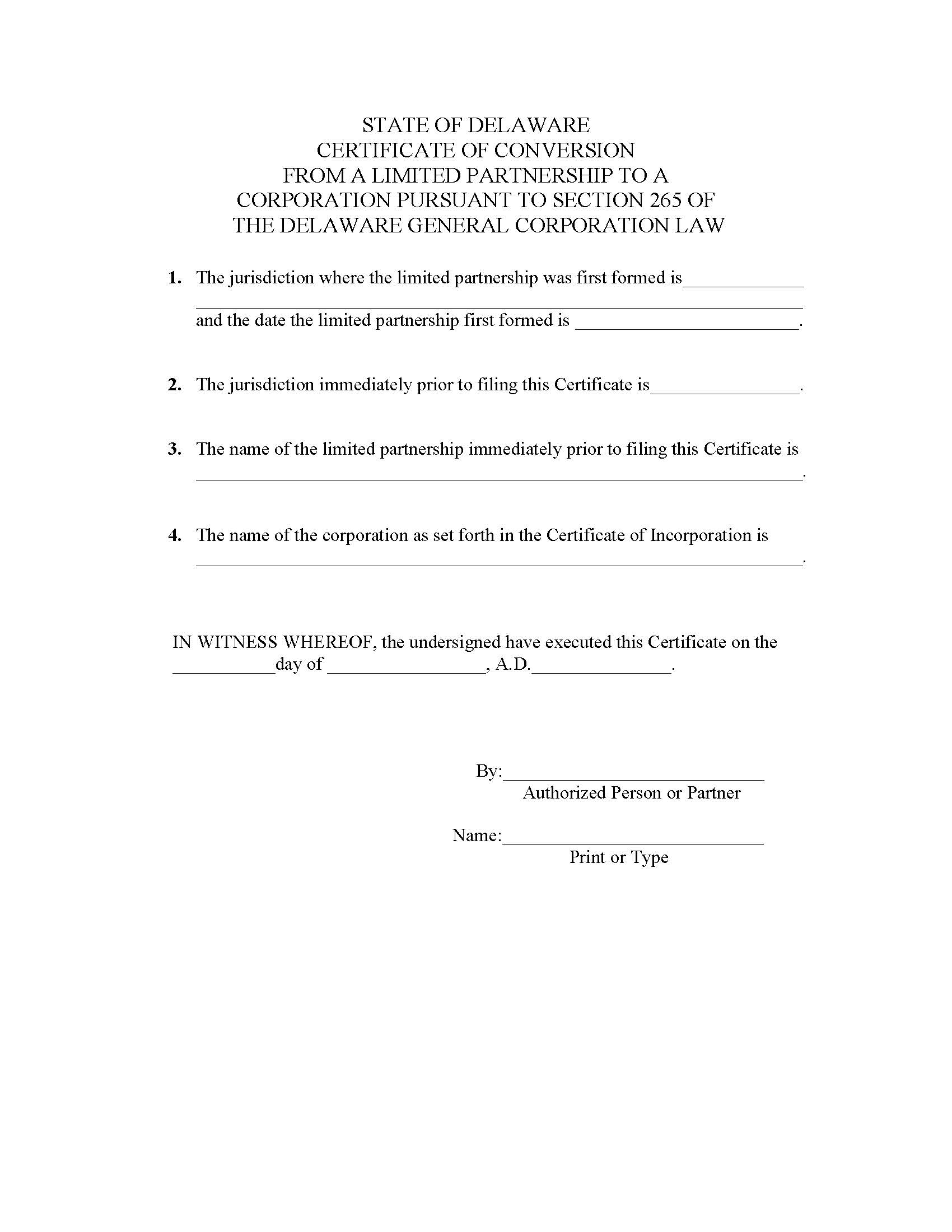 Certificate Of Conversion (DE Or Non-DE LP To DE Corp) | Pdf Fpdf Doc Docx | Delaware