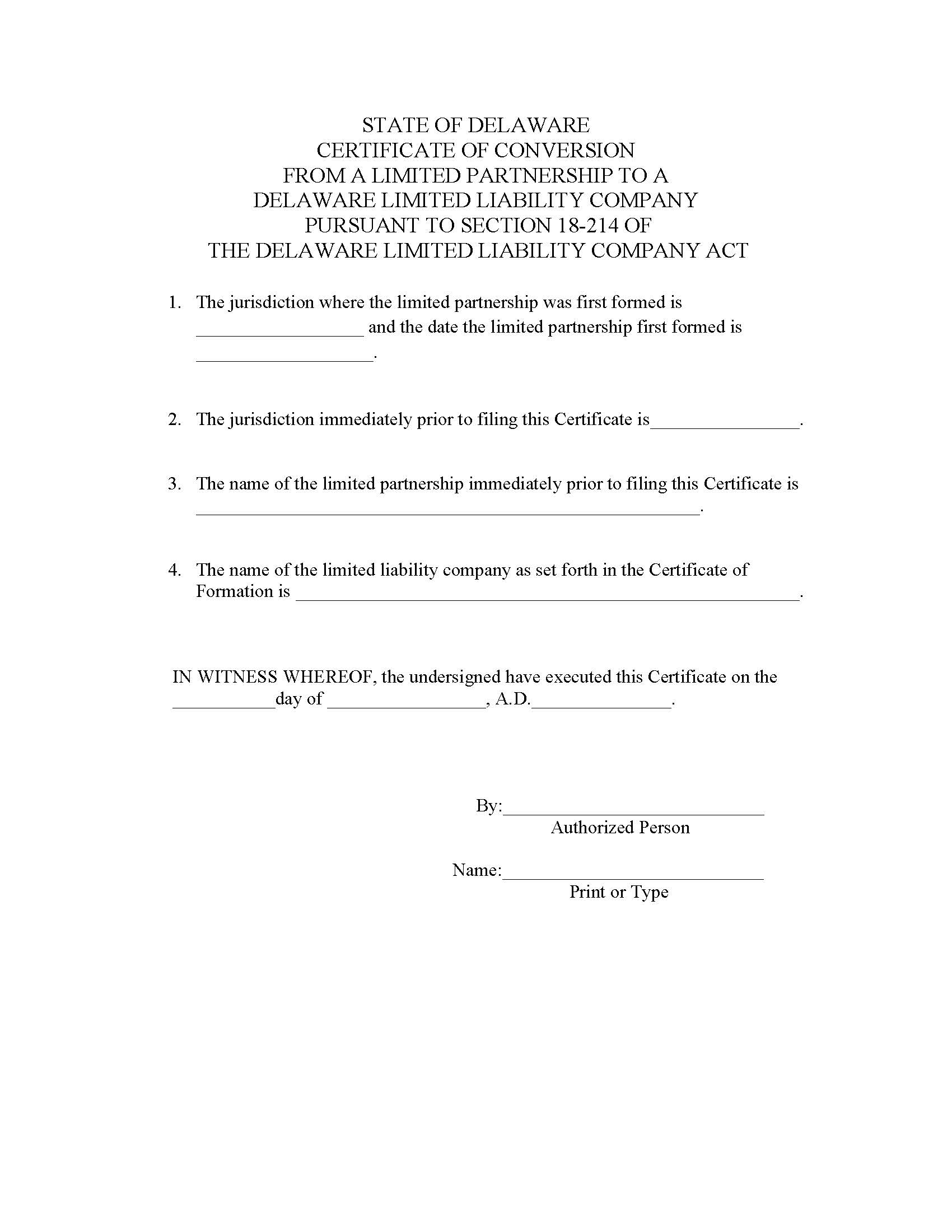 Certificate Of Conversion (DE Or Non-DE LP To DE LLC) | Pdf Fpdf Doc Docx | Delaware