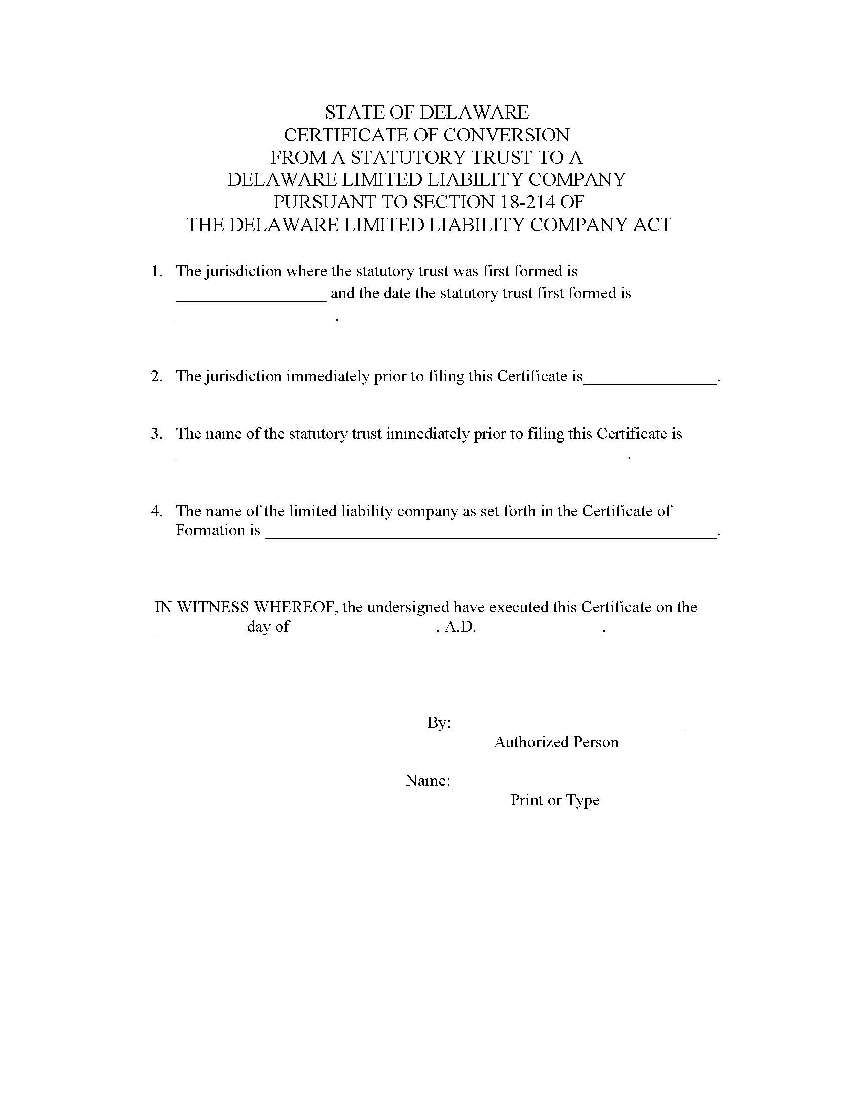 Certificate Of Conversion (DE Or Non-DE ST To DE LLC) | Pdf Fpdf Doc Docx | Delaware