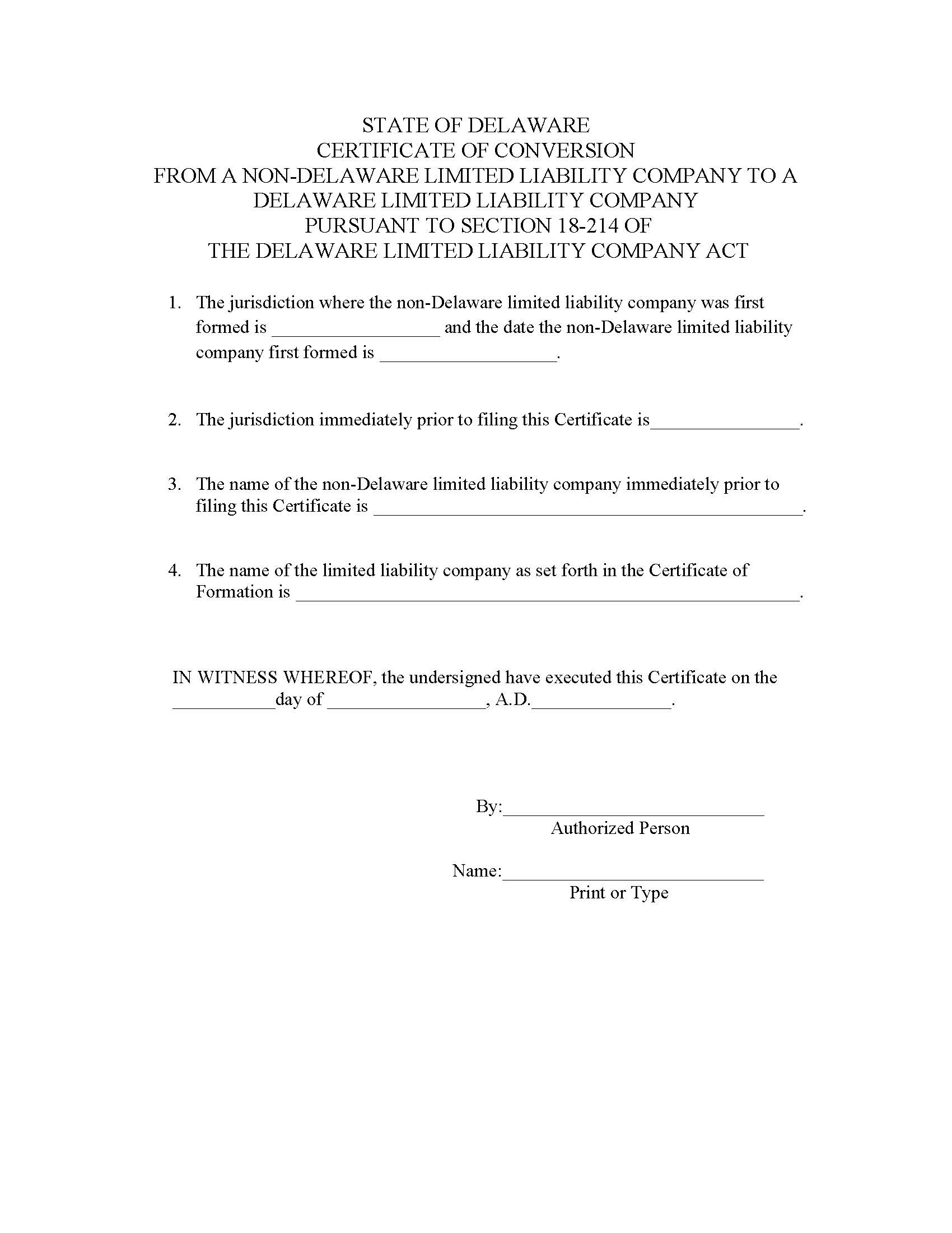Certificate Of Conversion (Non-DE LLC To DE LLC) | Pdf Fpdf Doc Docx | Delaware