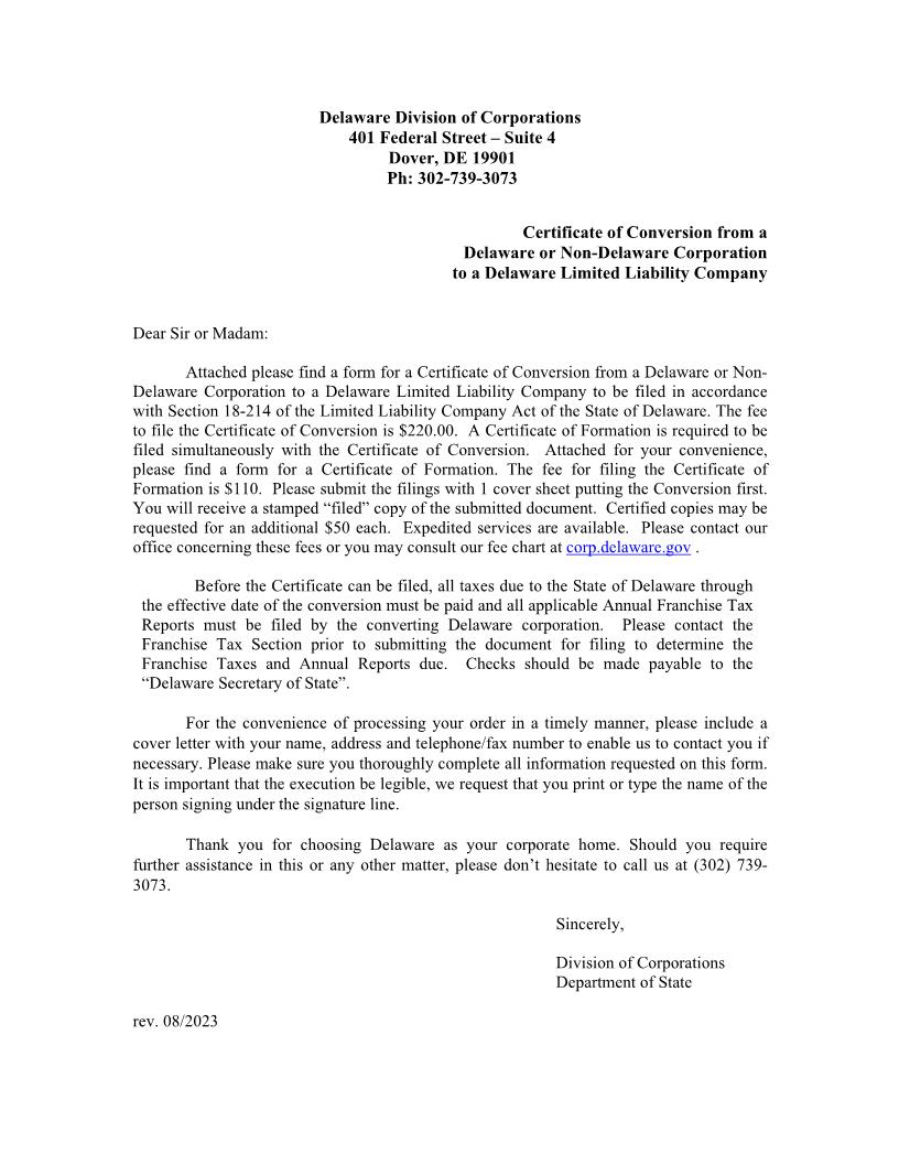 Certificate Of Conversion From Corporation (DE Or Non-DE Corp To DE LLC) | Pdf Fpdf Doc Docx | Delaware