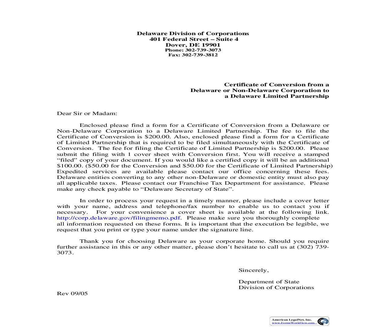 Certificate Of Conversion From Corporation To Limited Partnership | Pdf Fpdf Doc Docx | Delaware