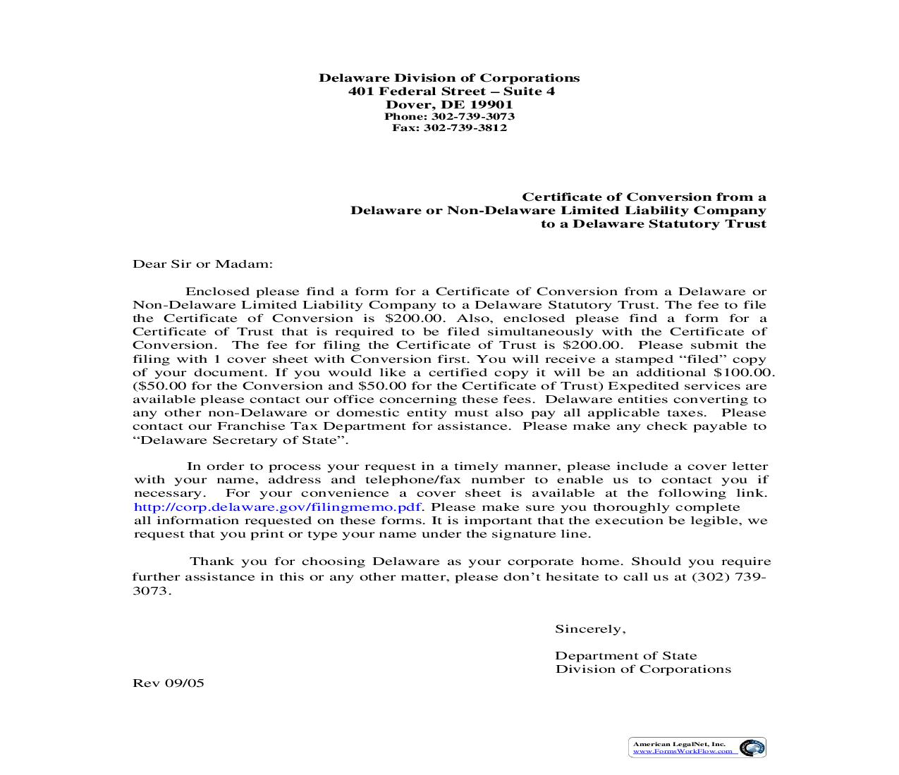 Certificate Of Conversion From Limited Liability Company To Statutory Trust | Pdf Fpdf Doc Docx | Delaware