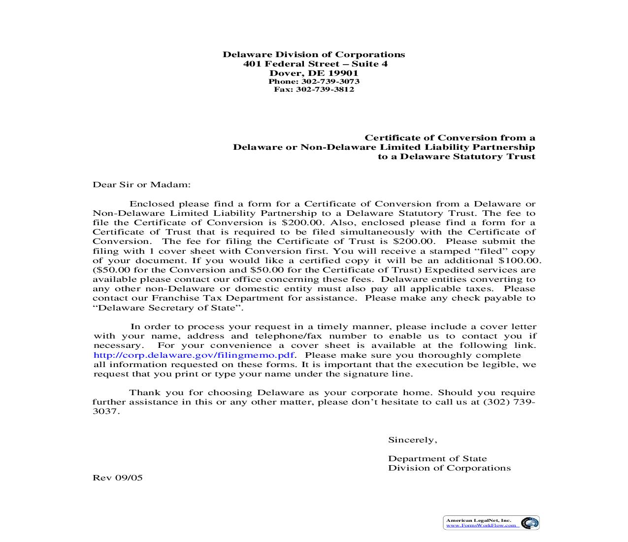 Certificate Of Conversion From Limited Liability Partnership To Statutory Trust | Pdf Fpdf Doc Docx | Delaware