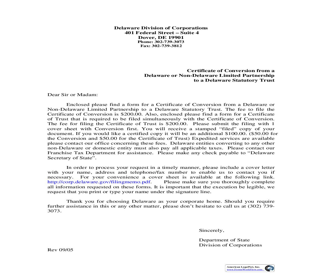 Certificate Of Conversion From Limited Partnership To Statutory Trust | Pdf Fpdf Doc Docx | Delaware
